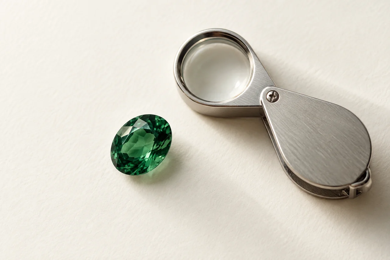 Illustrated silver loupe and oval green gemstone on ivory paper