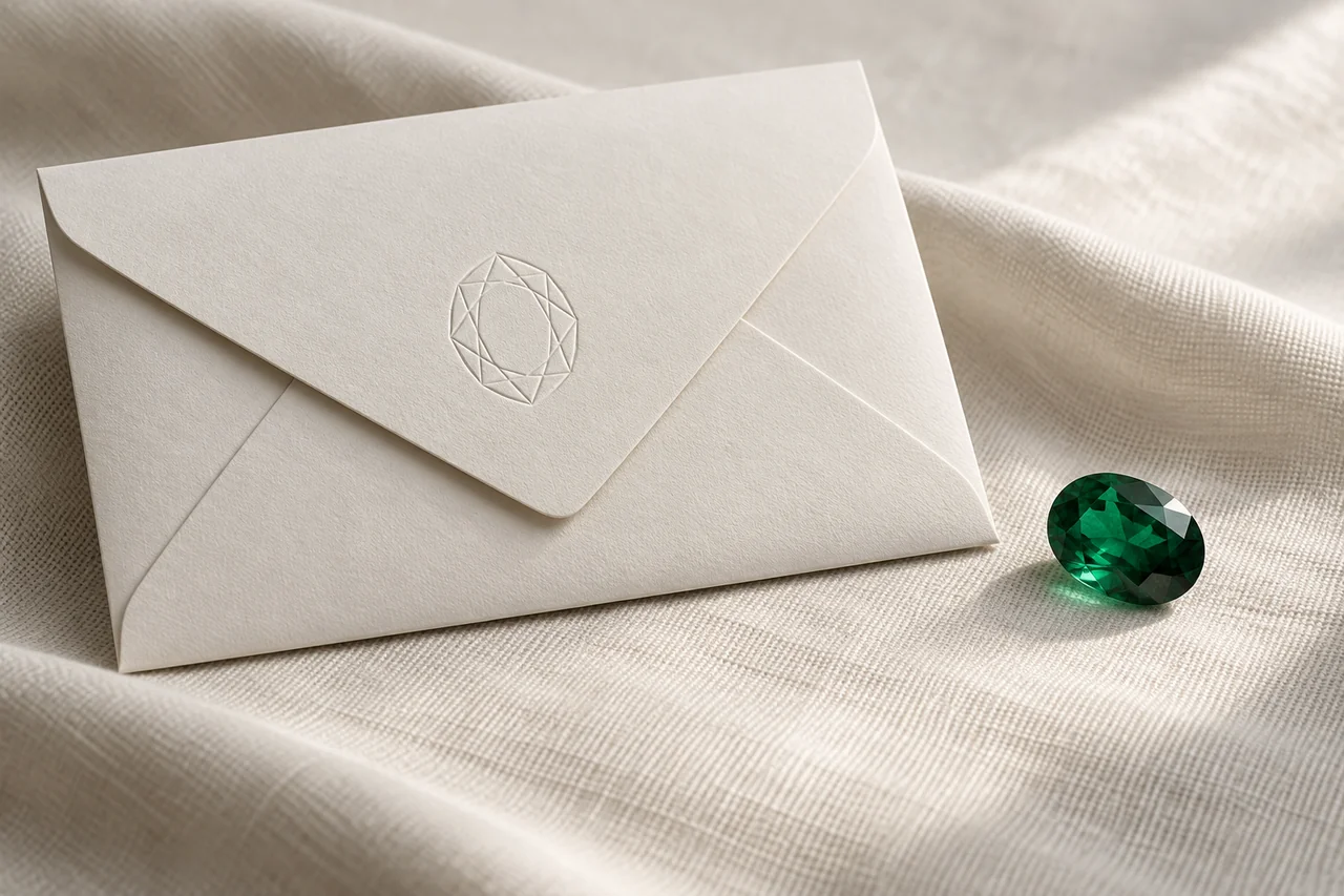 Illustrated ivory envelope and green gemstone on linen