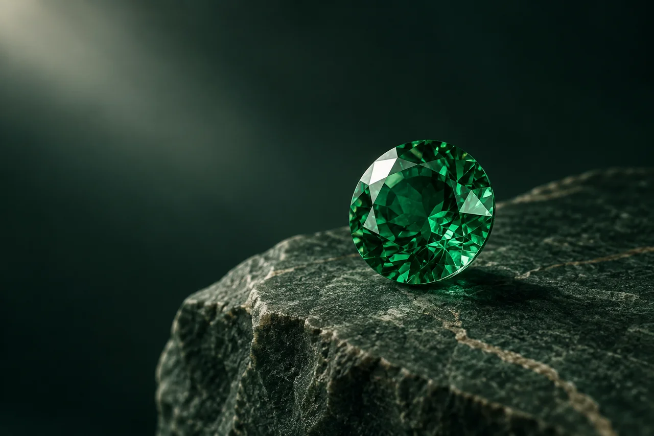 Artistic still life of a vivid green gemstone on deep green stone