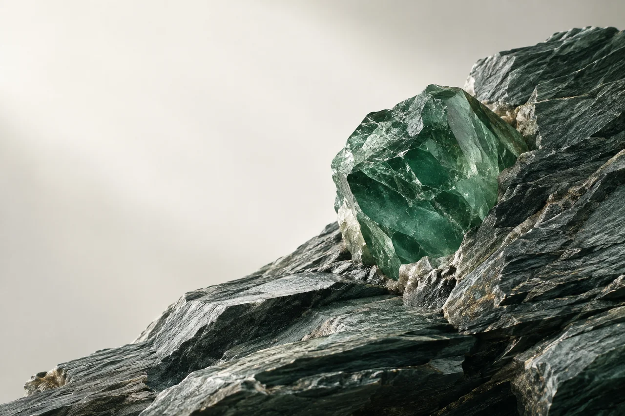 Conceptual mineral still life with green crystal and layered rock; not a documented locality