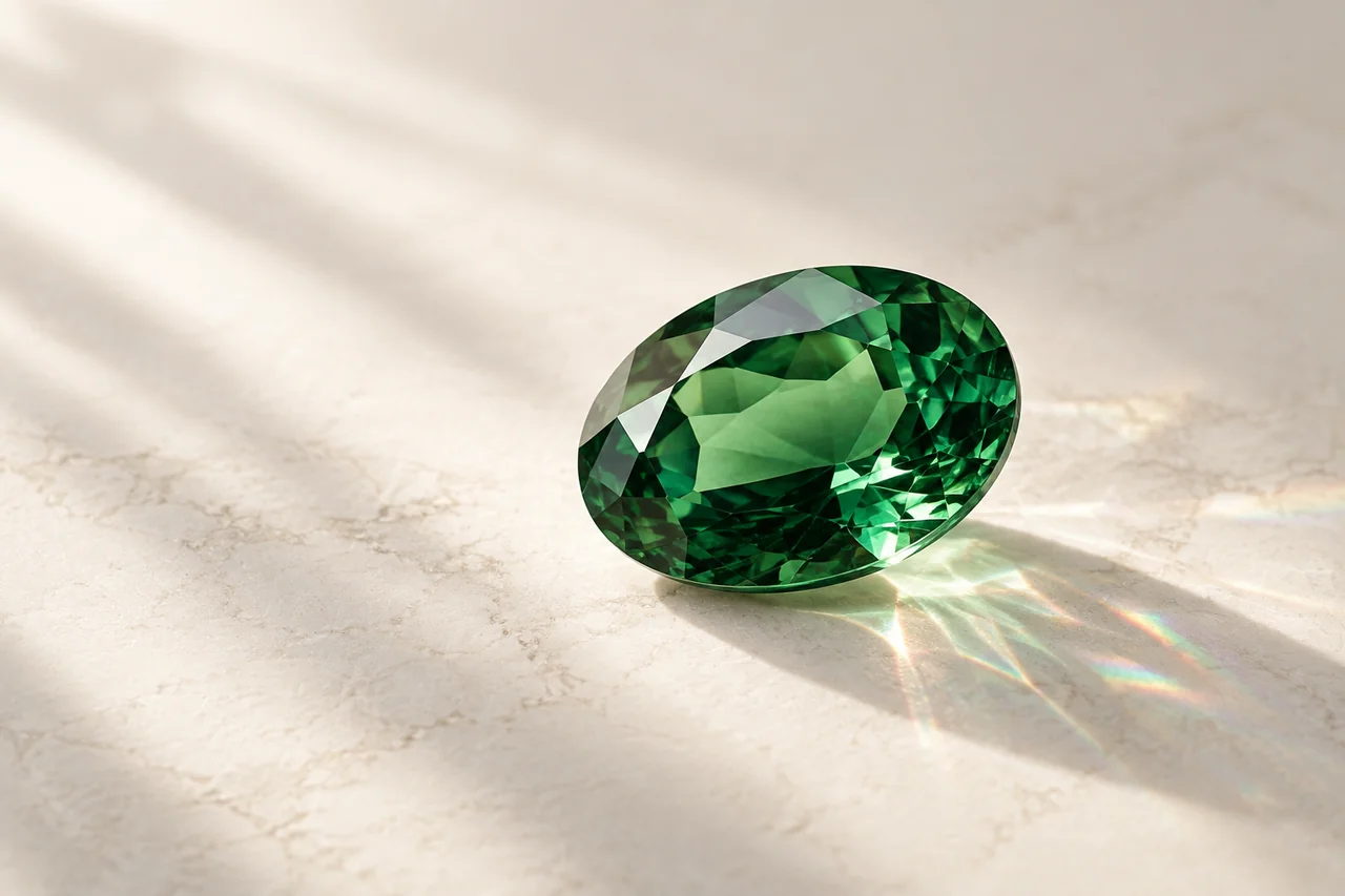 Artistic study of a green gemstone and spectral light; not scientific measurement
