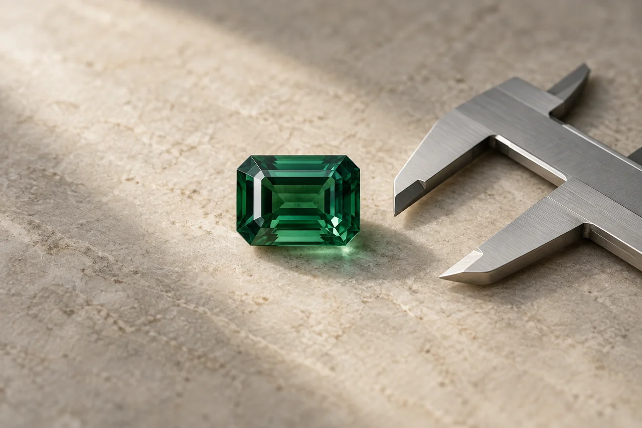 Illustrated gemstone and precision caliper; no measurement or grade implied