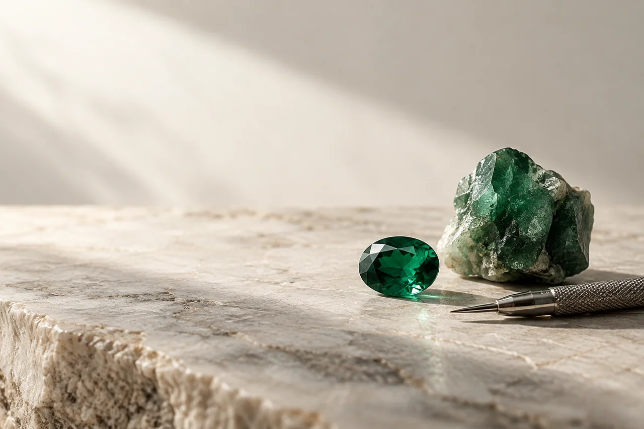 Artistic lapidary still life with rough, a finished gemstone and a precision tool